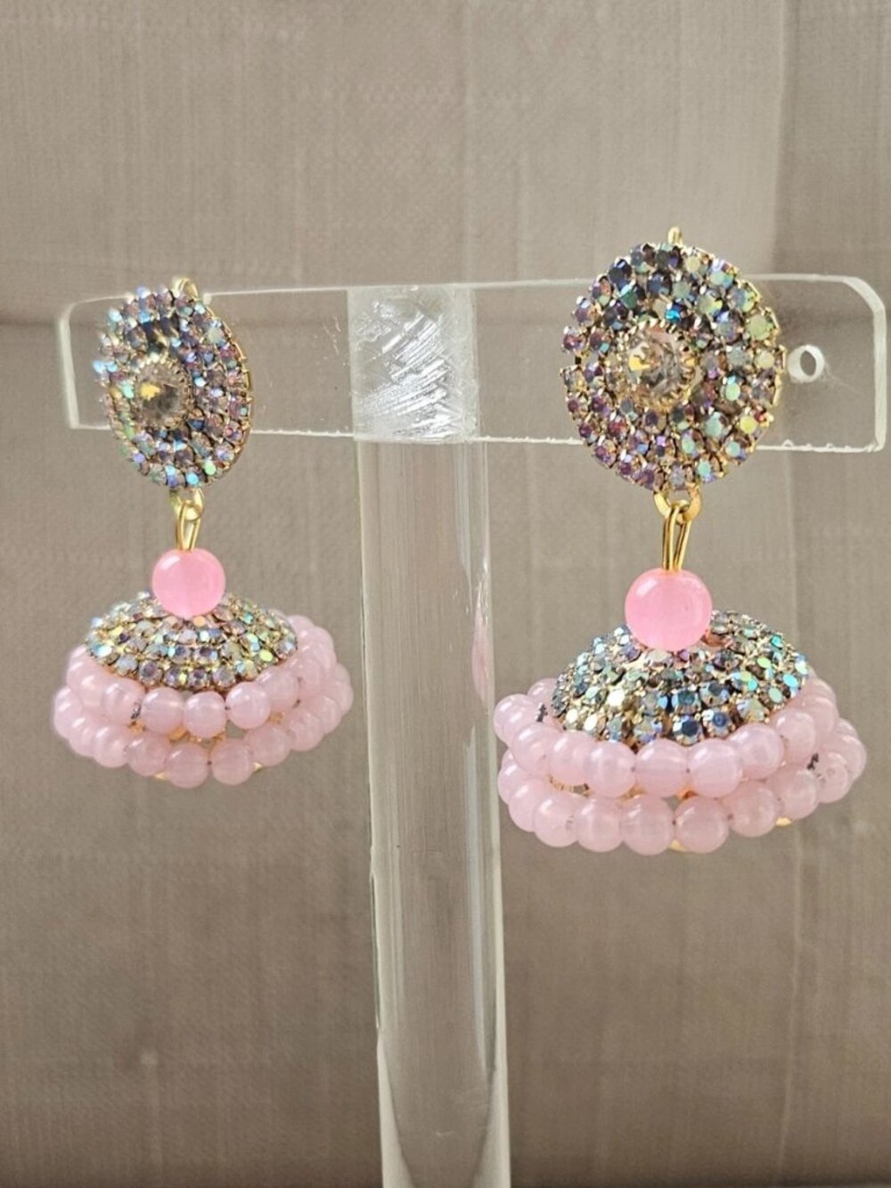 Fashion Earrings Pink Beads Chandelier Jhumka Traditional Pakistani Earrings - Picture 6 of 12